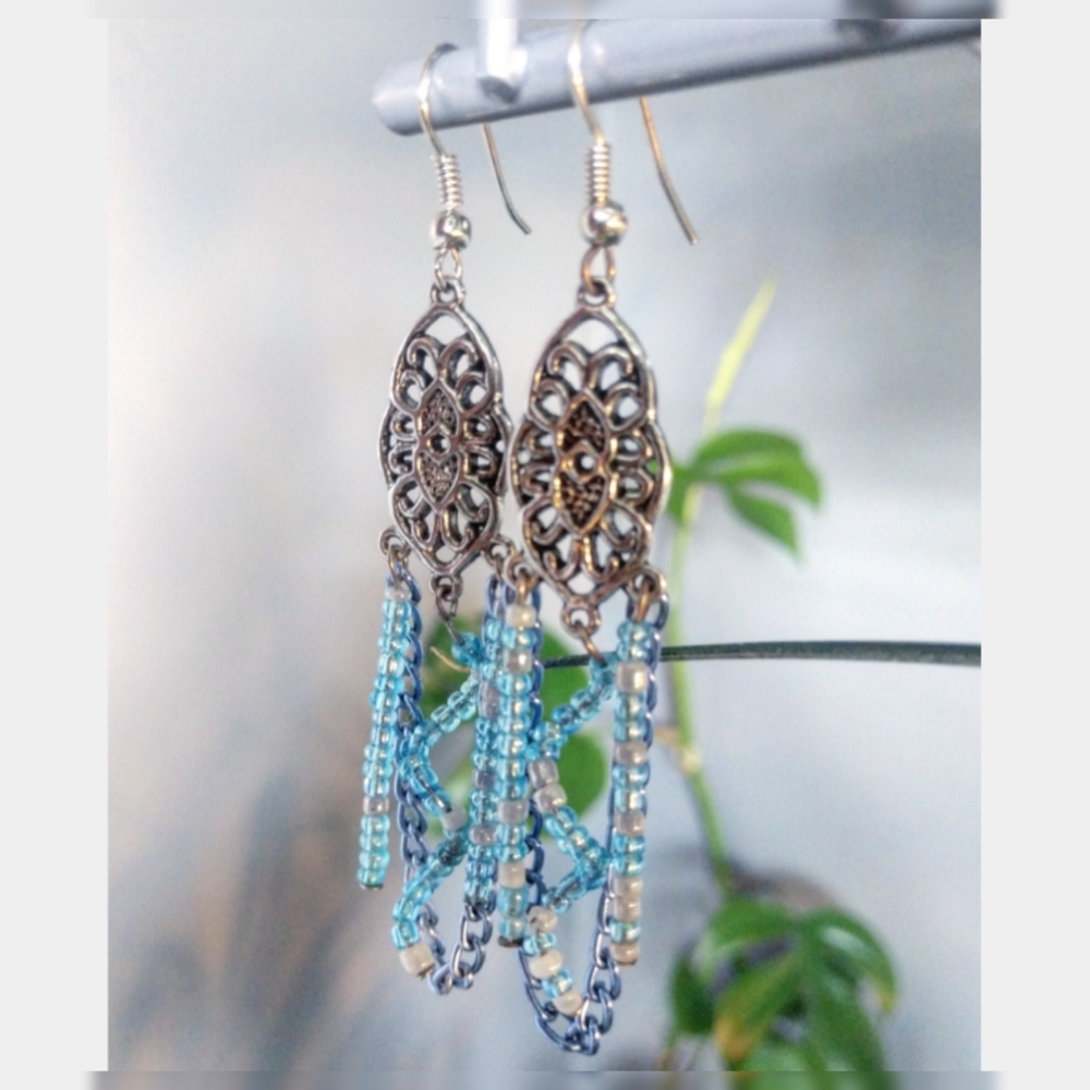 Dangle Beaded Chain Hook Earrings - image 4
